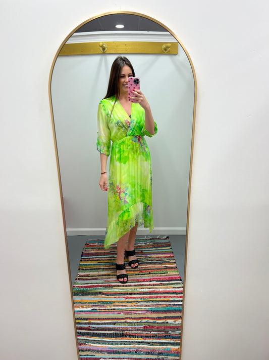 Hi Low Silk Print Dress Italy Lime Green