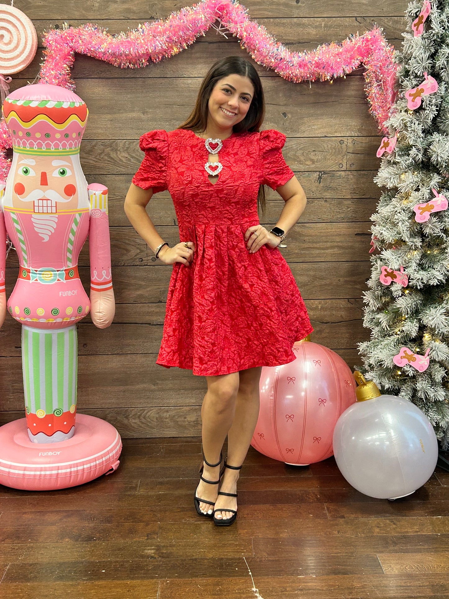 Jacquard Puff Sleeve Dress Red