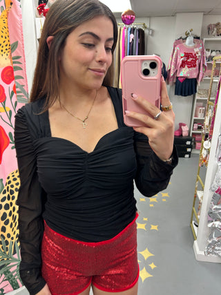 LS Heart Neck Top Black