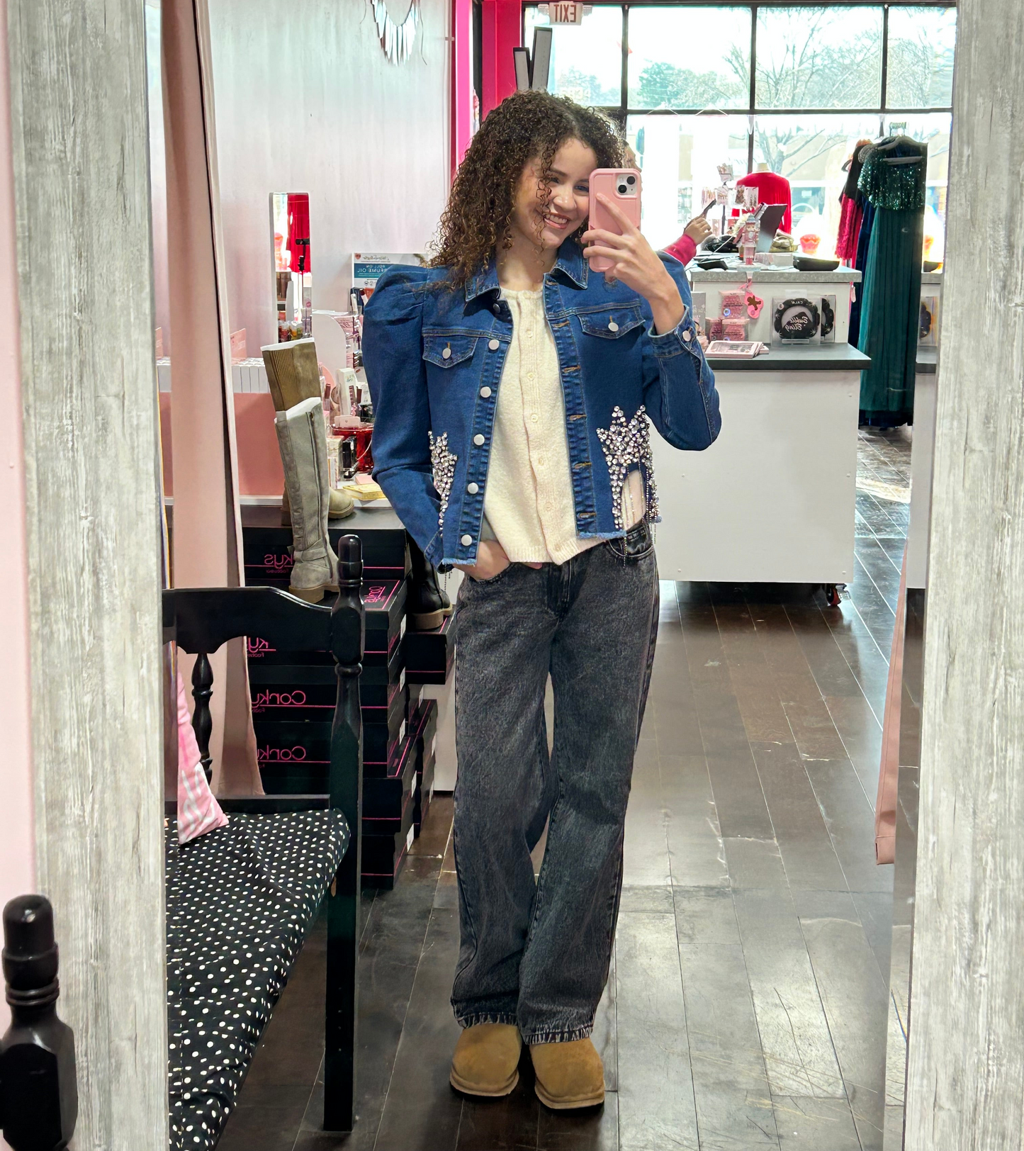 Puff Shoulder Denim Bling Jacket