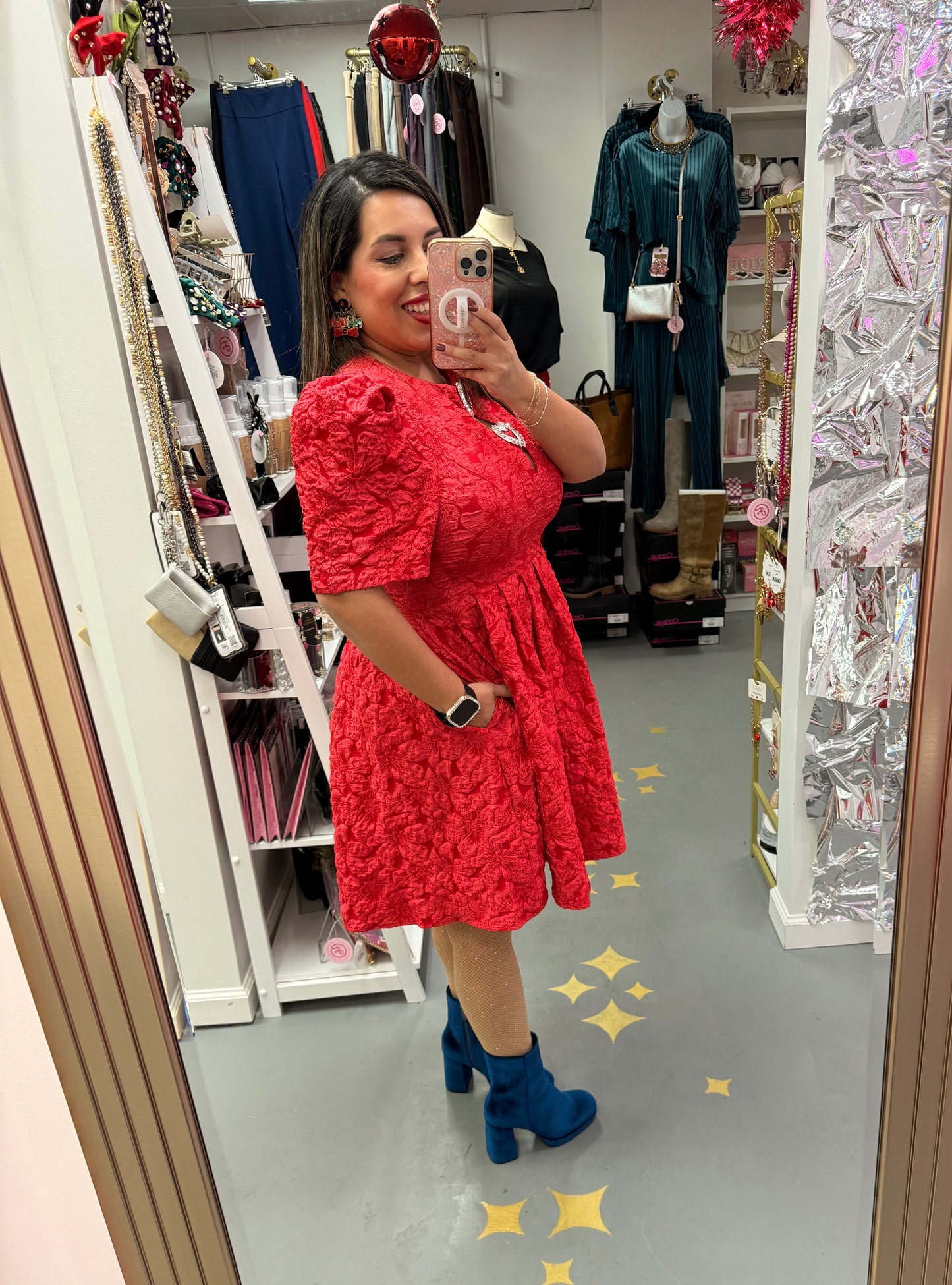 Jacquard Puff Sleeve Dress Red