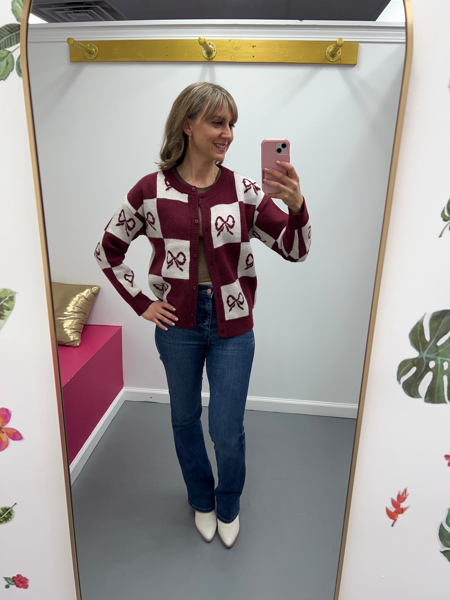 Checkered Bow Cardigan Burgundy