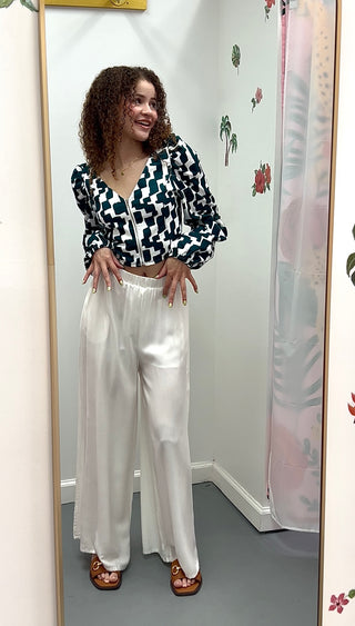 Zip Up Puff Sleeve Crop Blouse Pink