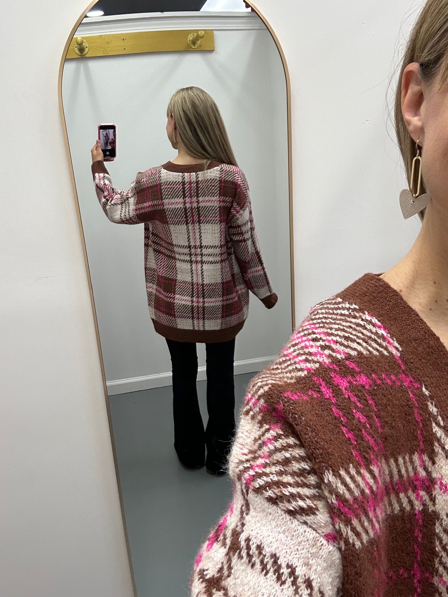 Plaid Cardigan Brown Pink
