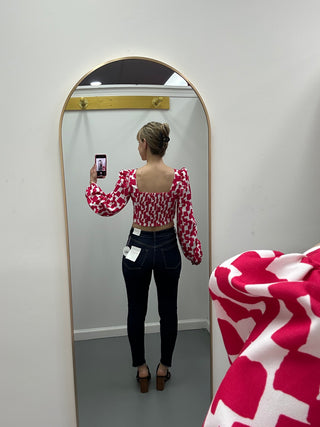 Zip Up Puff Sleeve Crop Blouse Pink