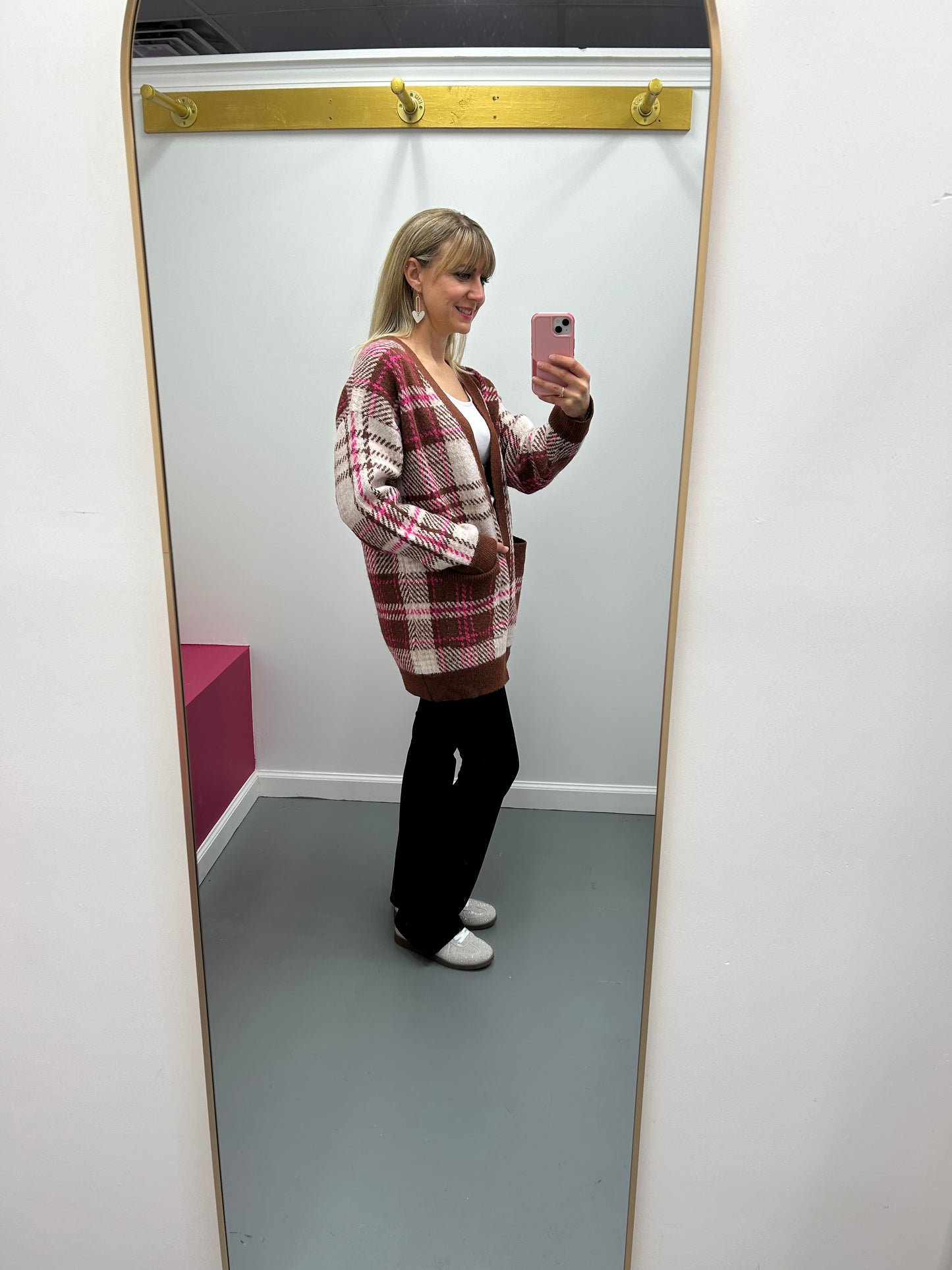 Plaid Cardigan Brown Pink