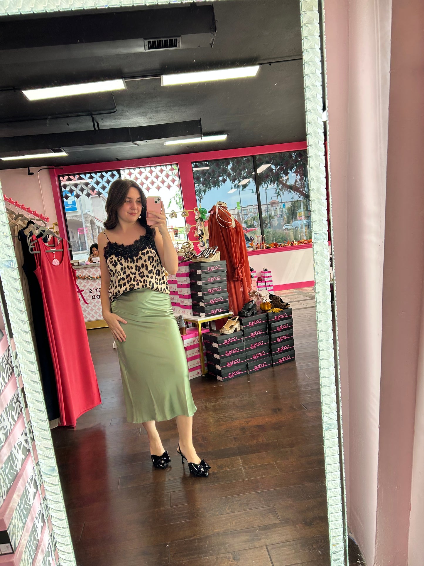 Satin Sage Midi Skirt