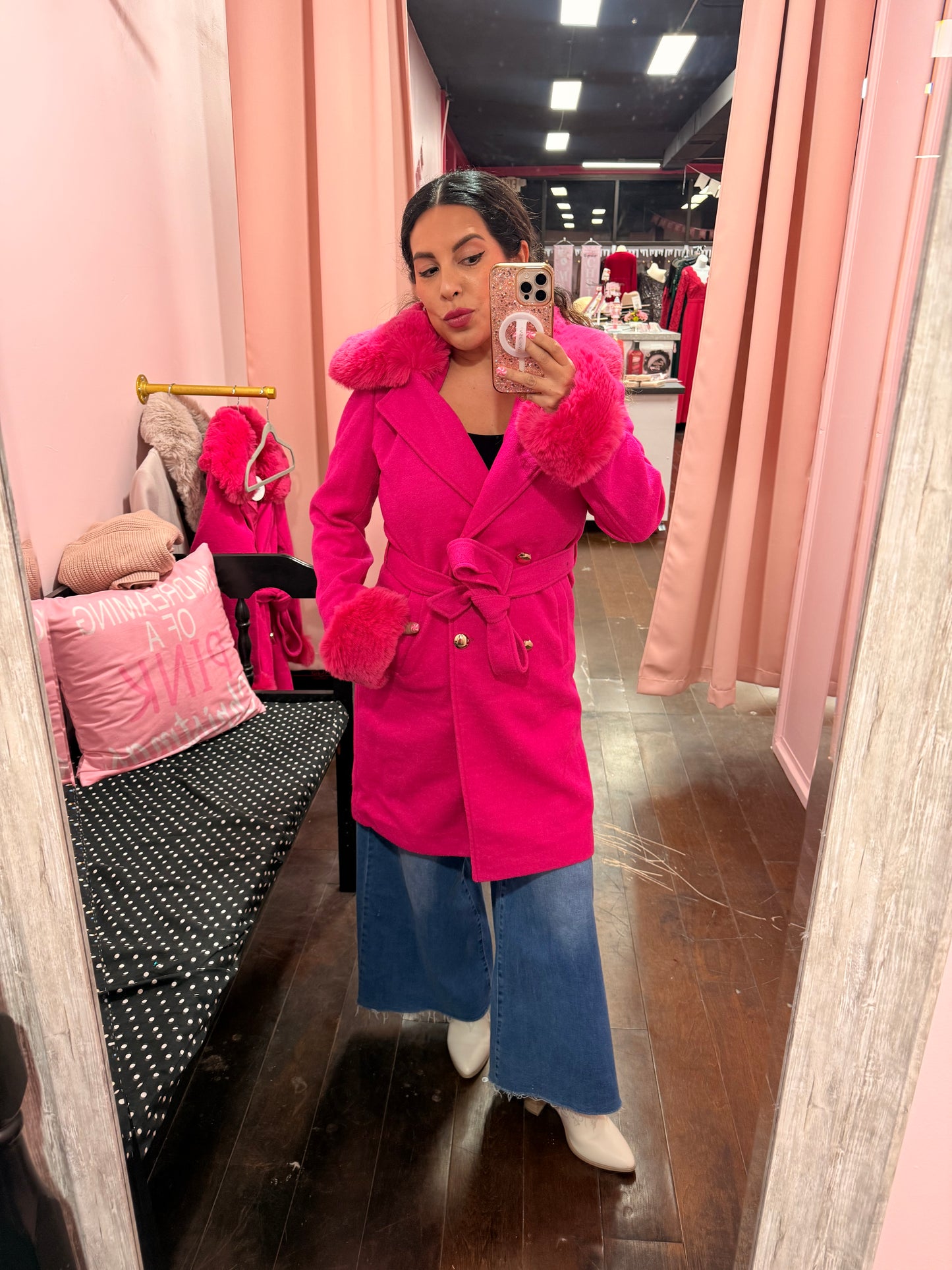 Iconic Faux Fur Belted Coat – Hot Pink