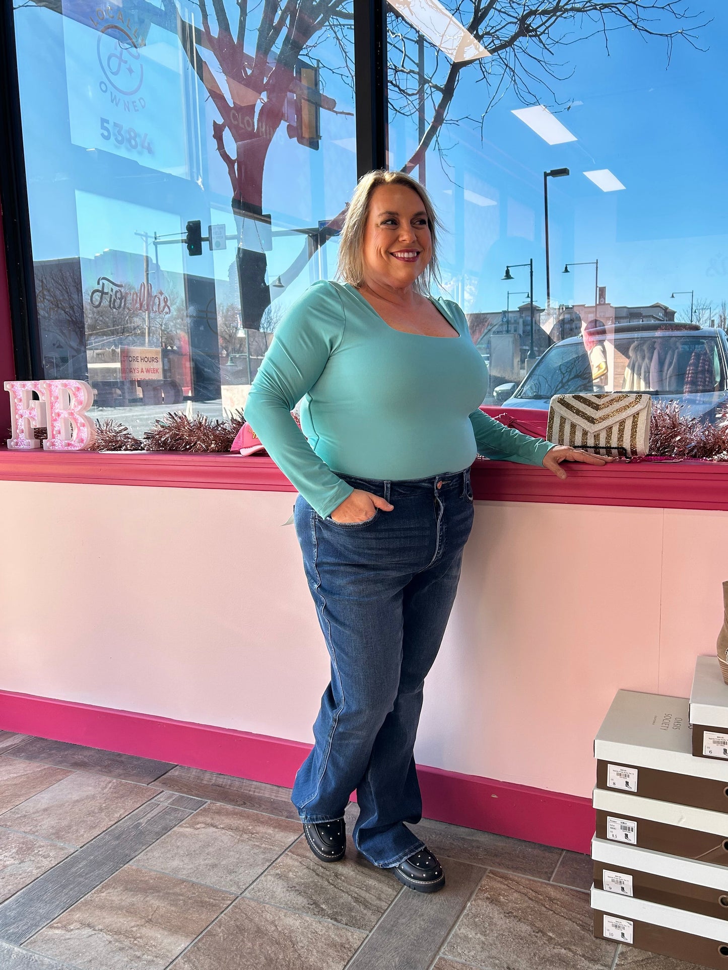 Curvy Square Neck LS Top Ocean