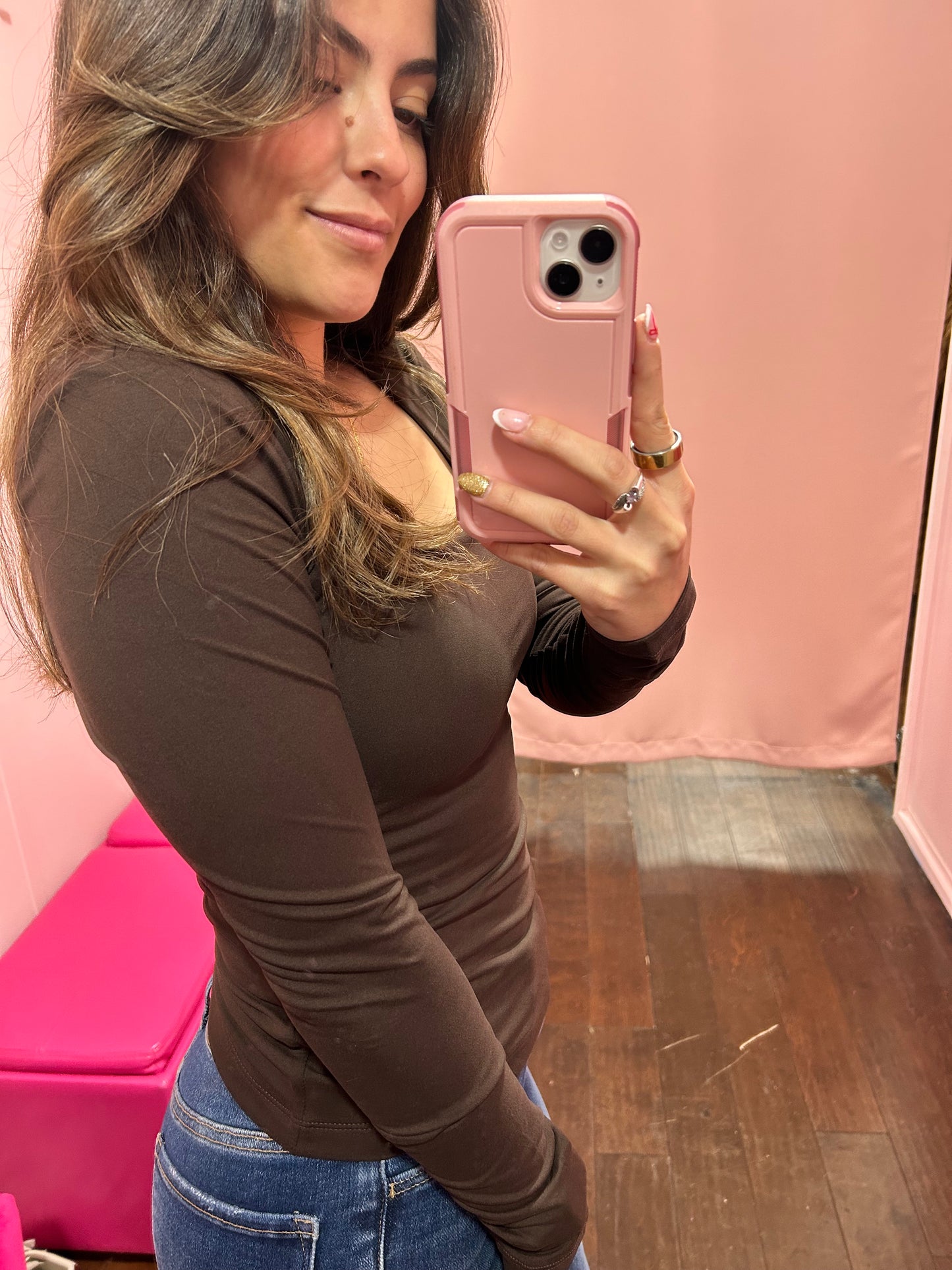 Square Neck Long Sleeve Top Espresso