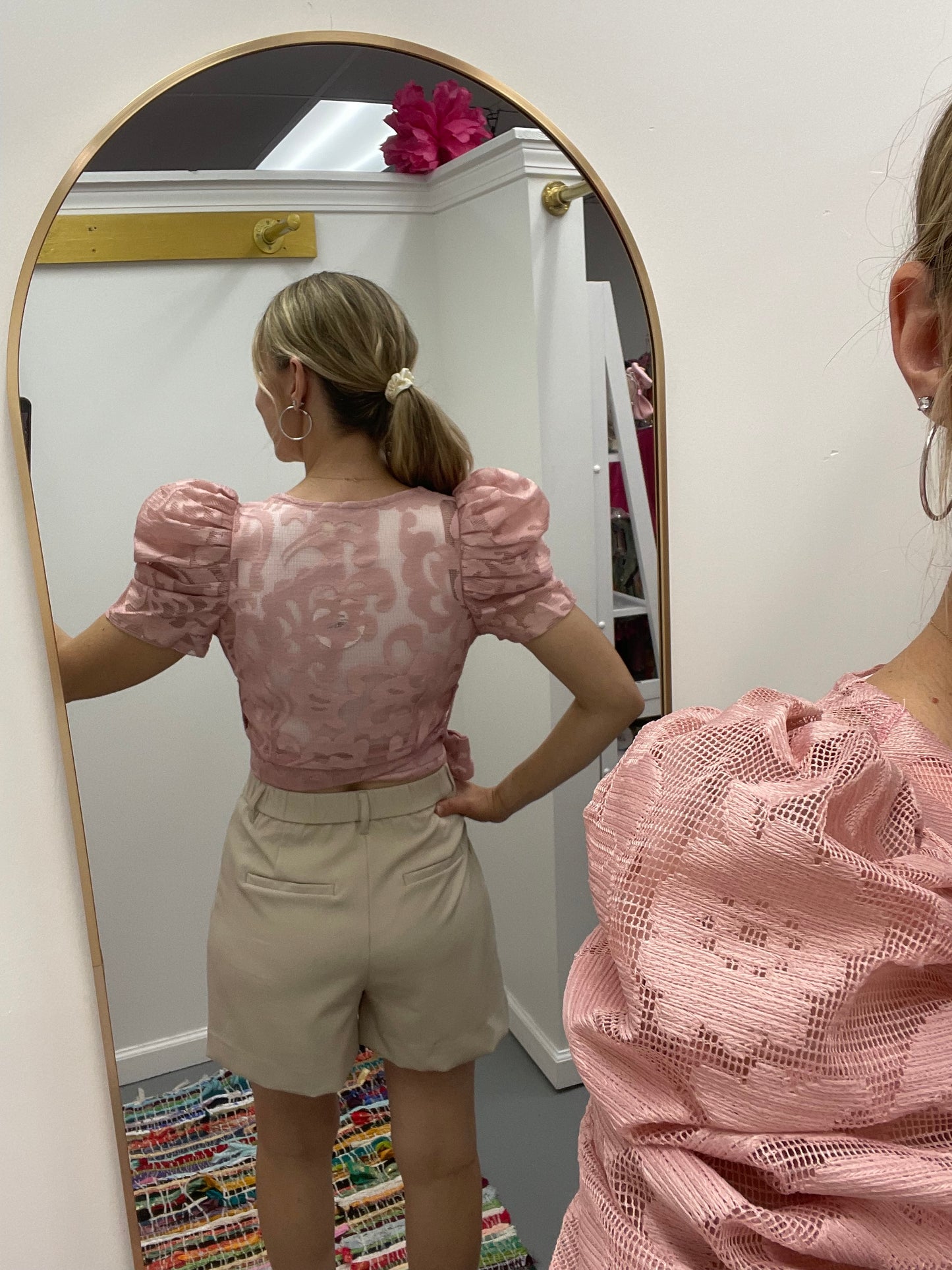 Puff Sleeve Wrap Lace Top Blush