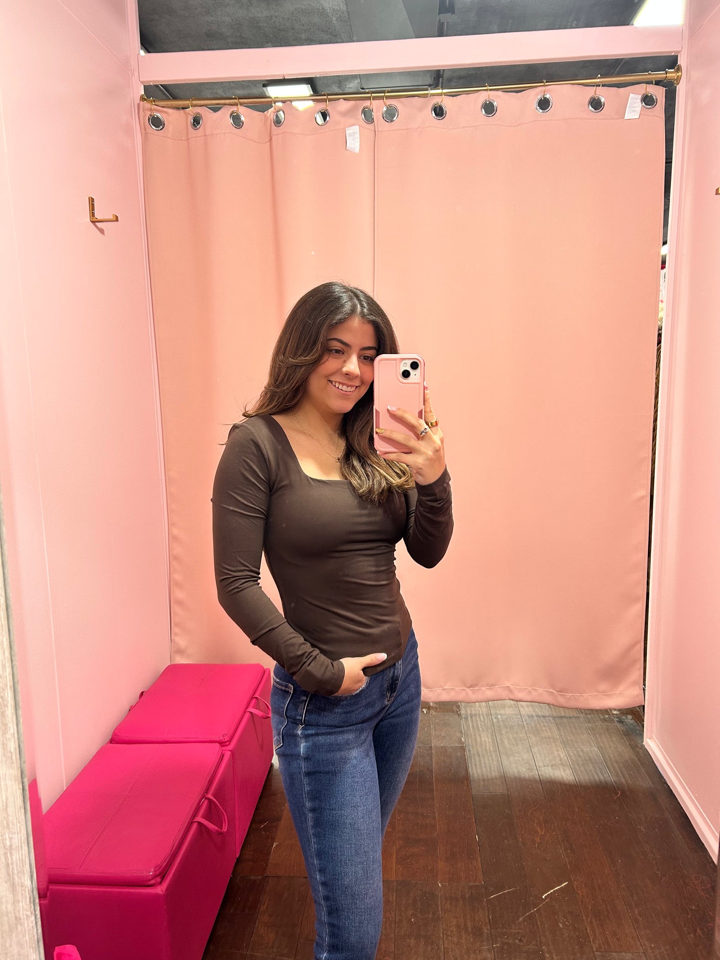 Square Neck Long Sleeve Top Espresso