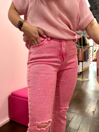 Studded Rhinestone Jeans Pink