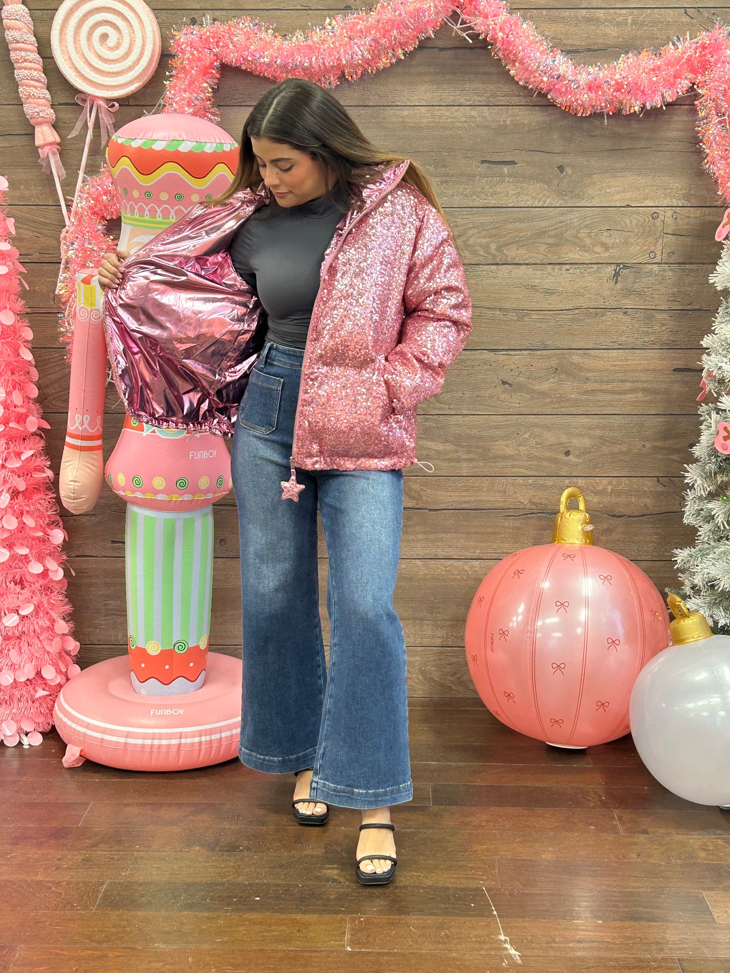 Pink Sequin Puffer Jacket