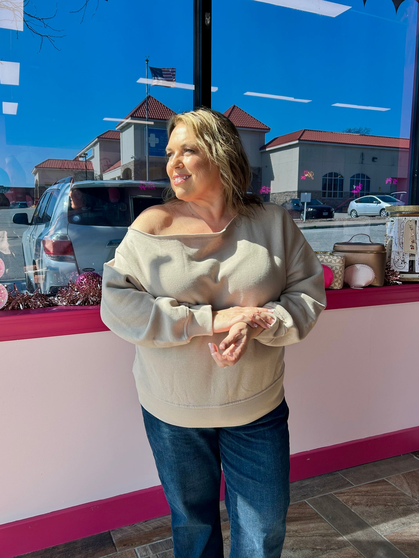 Curvy Off The Shoulder Sweatshirt Taupe