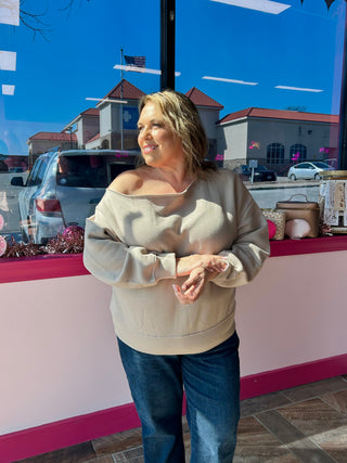 Curvy Off The Shoulder Sweatshirt Taupe
