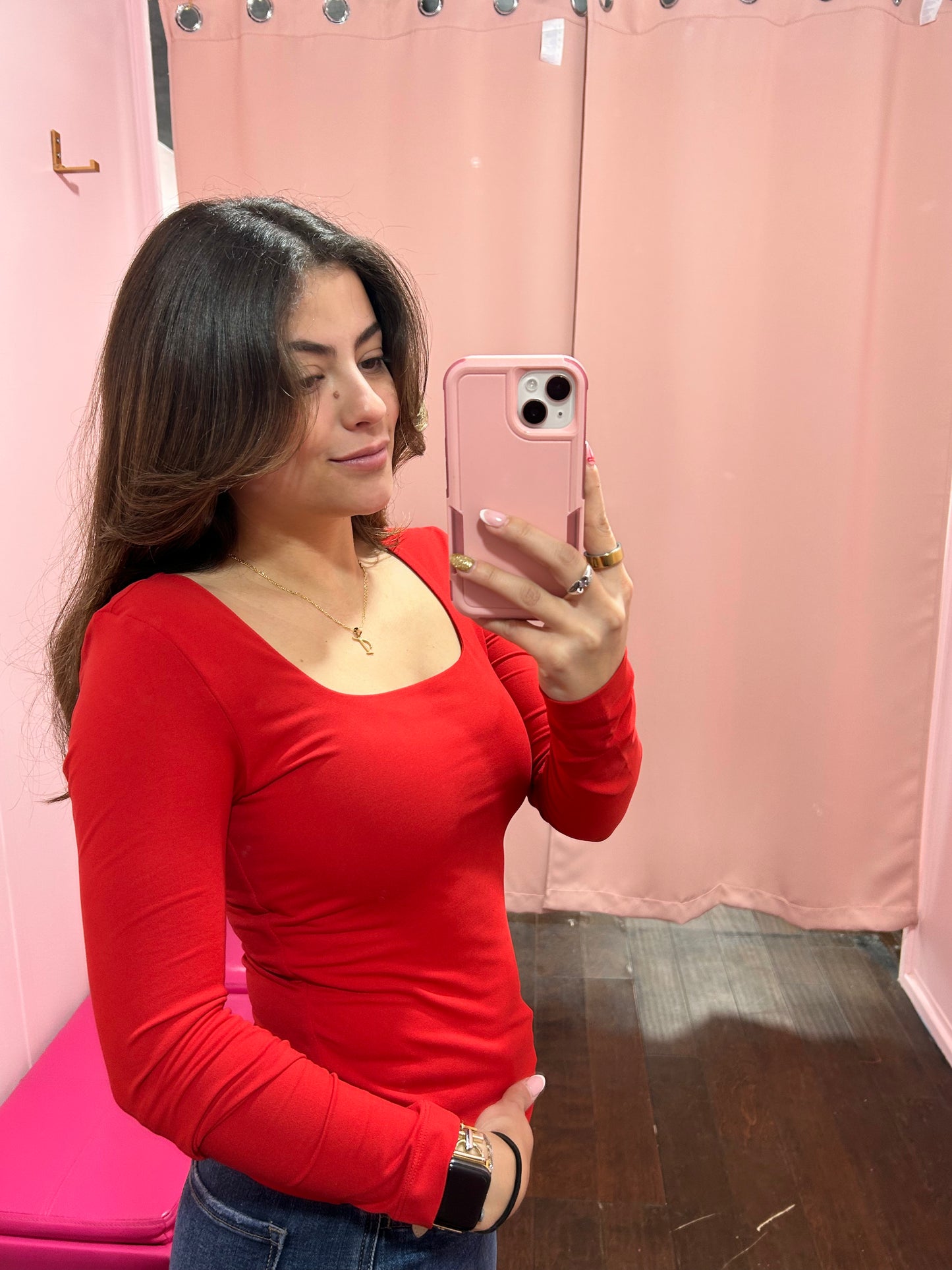 Square Neck Long Sleeve Top Red