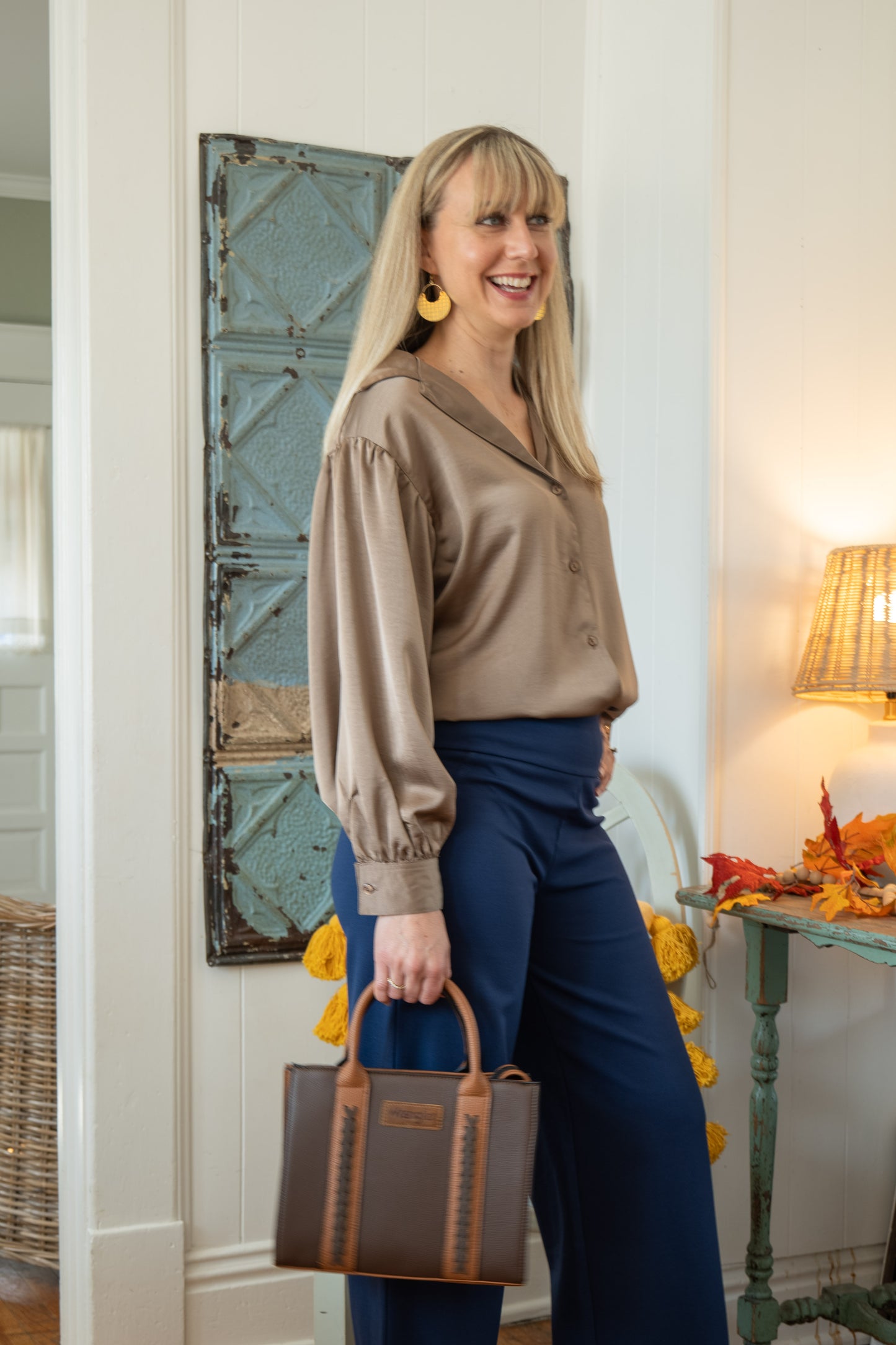 Collared Blouse Front Tie Mocha