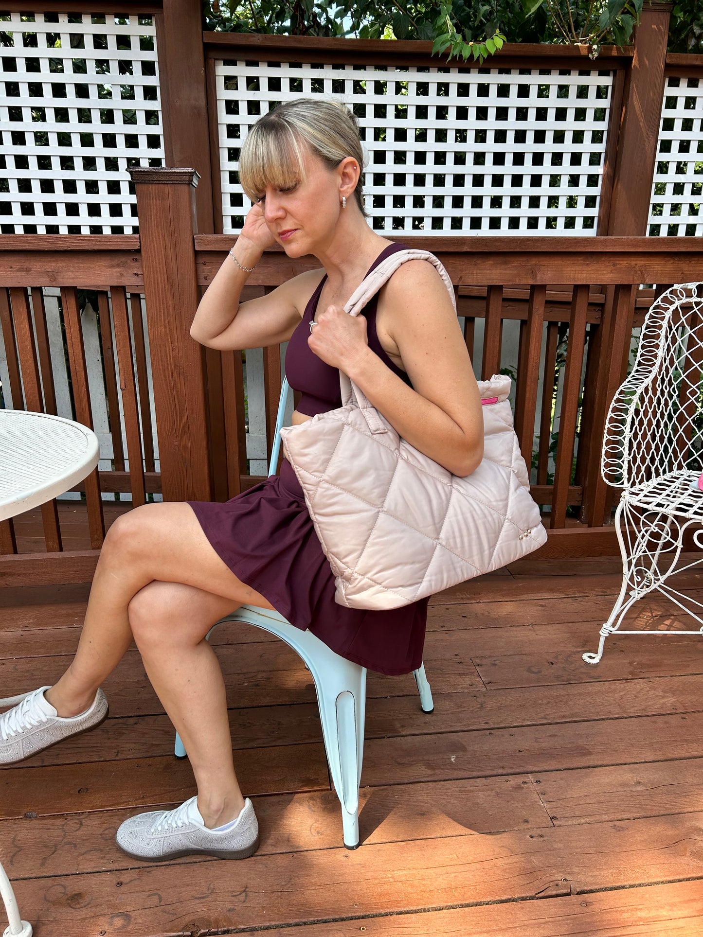 Puffer Tote Bag w Pouch Tan