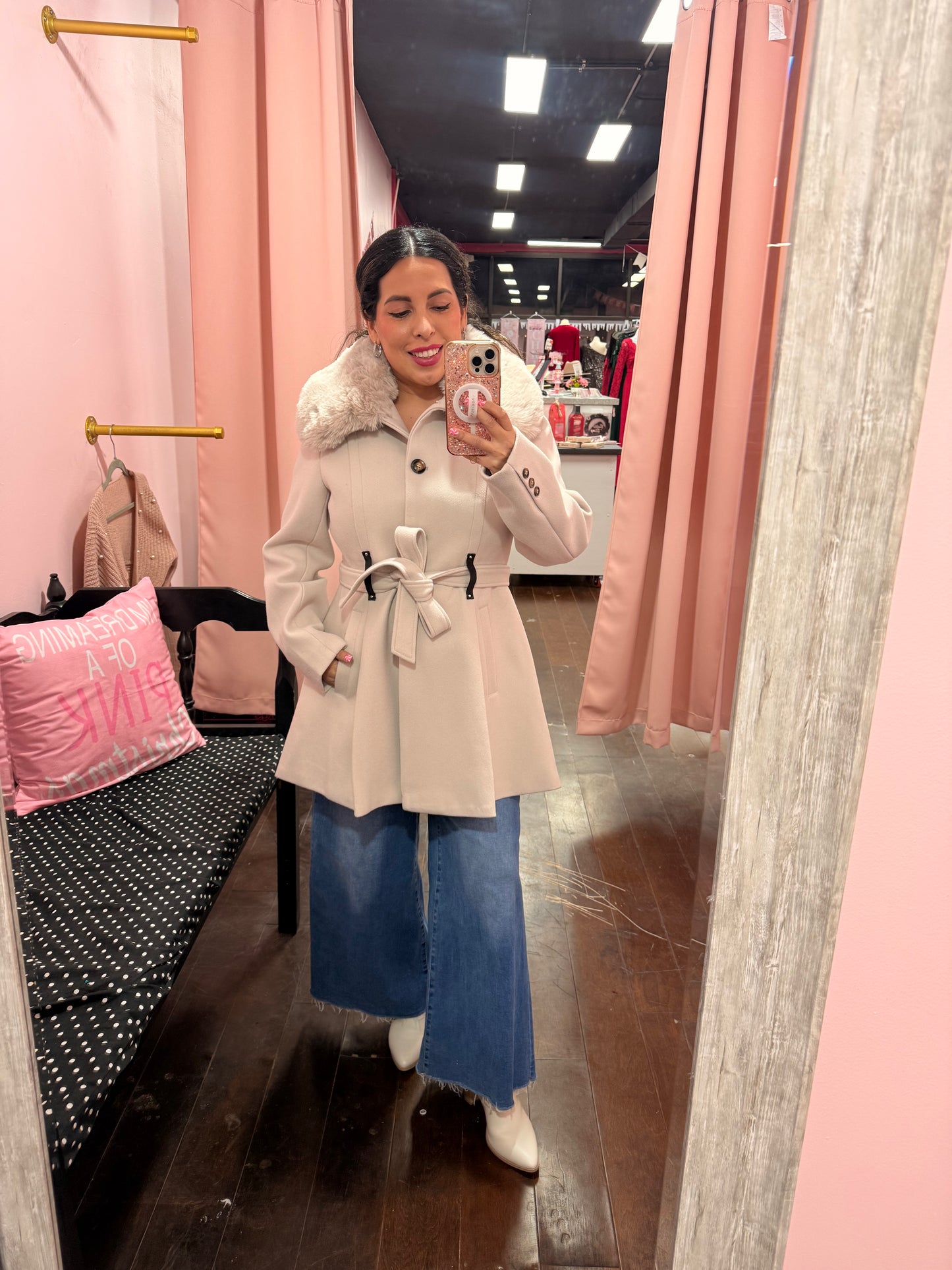 Beige Coat Removable Fur Collar