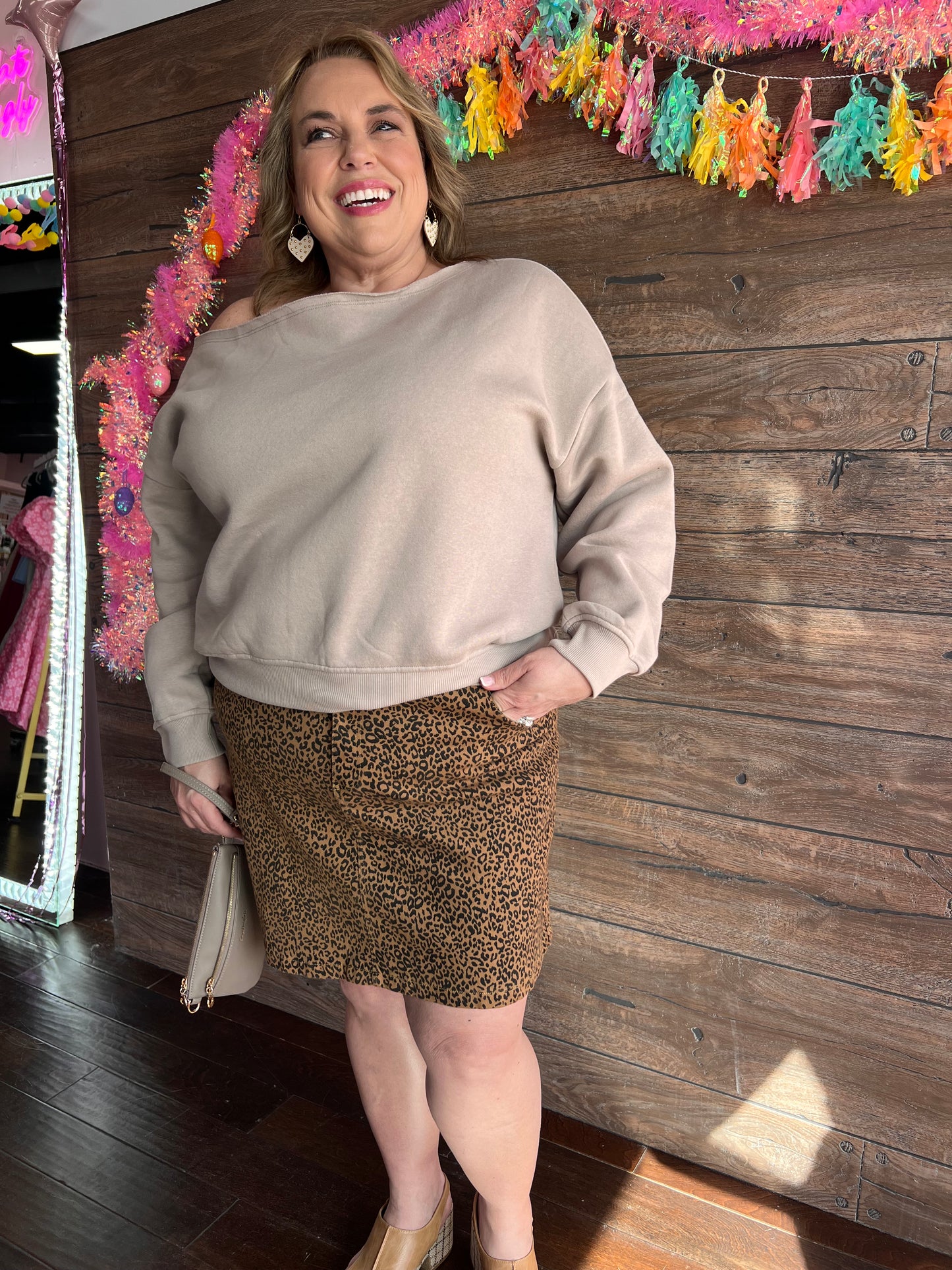 Curvy Off The Shoulder Sweatshirt Taupe