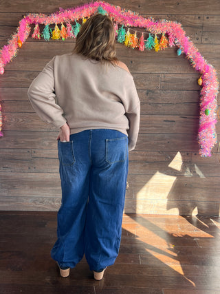 Curvy Off The Shoulder Sweatshirt Taupe