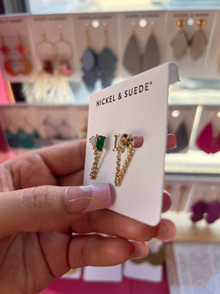 Green Baguette Chain Drop Studs