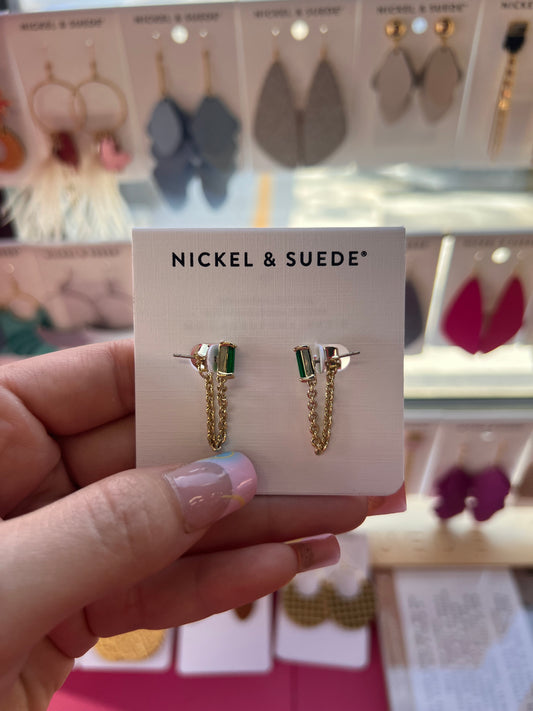 Green Baguette Chain Drop Studs