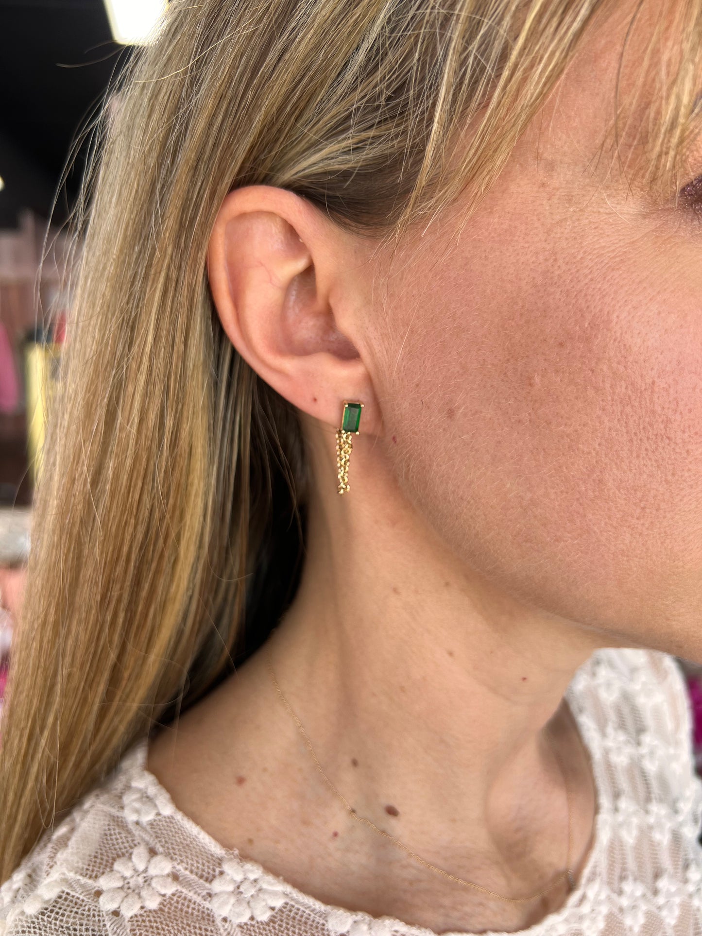 Green Baguette Chain Drop Studs