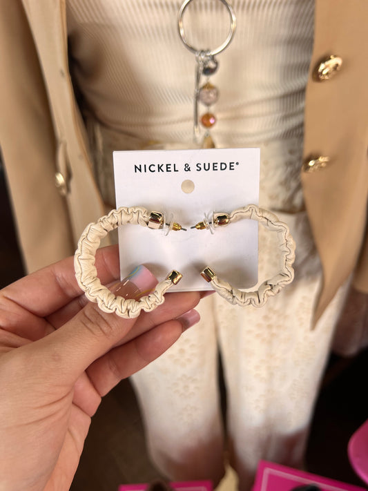 Cream Rosalia Ruched Leather Hoops