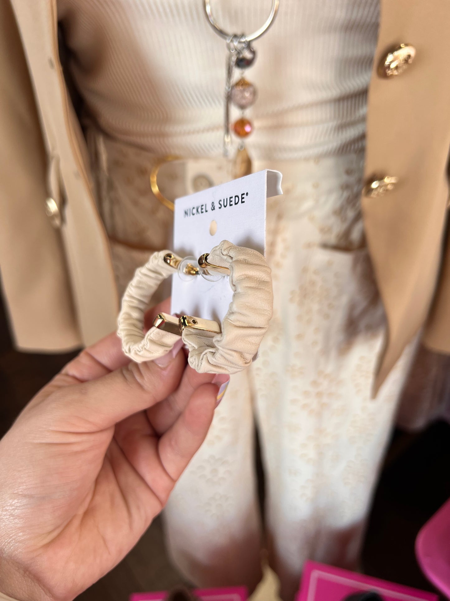 Cream Rosalia Ruched Leather Hoops