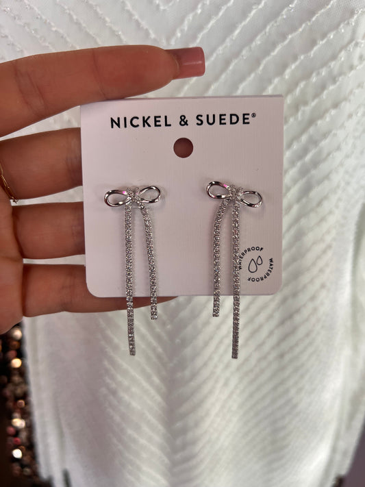 Silver Long Crystal Bow Drop Studs