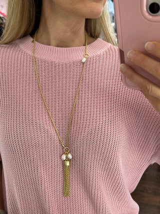 SP Tassel Convertible Lariat Necklace 28" Pearl