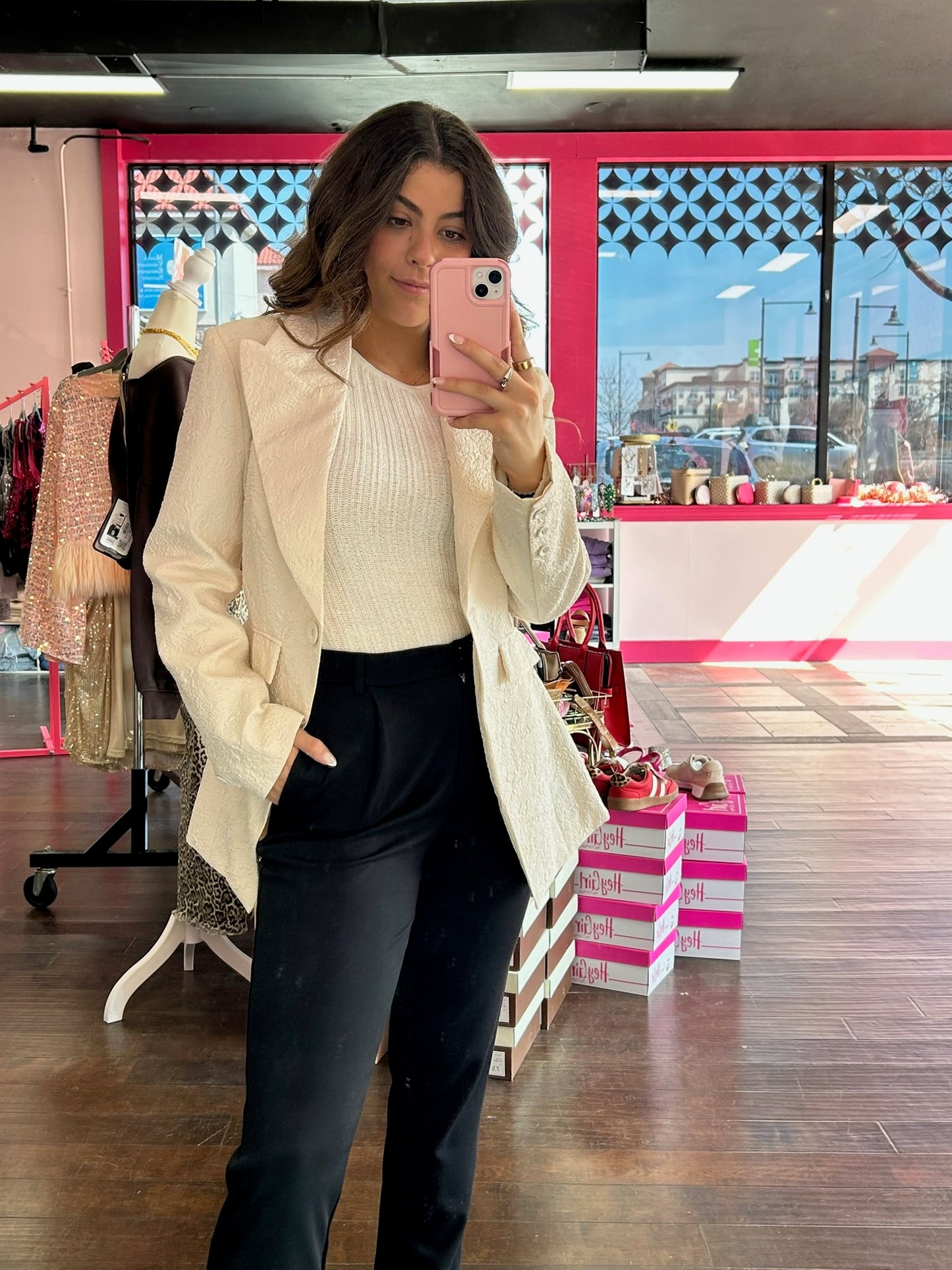 Textured Cinched Waist Blazer Cream