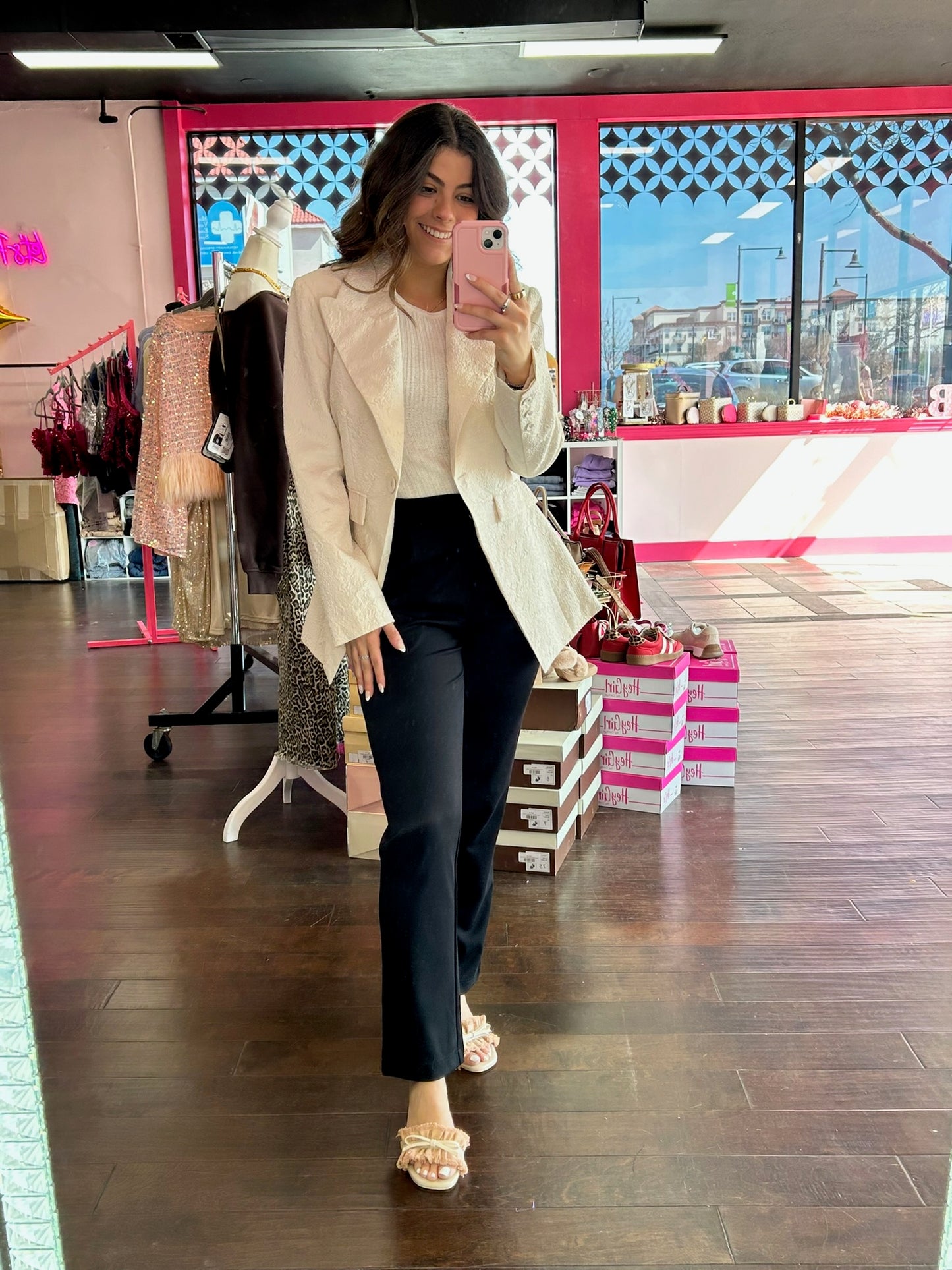 Textured Cinched Waist Blazer Cream