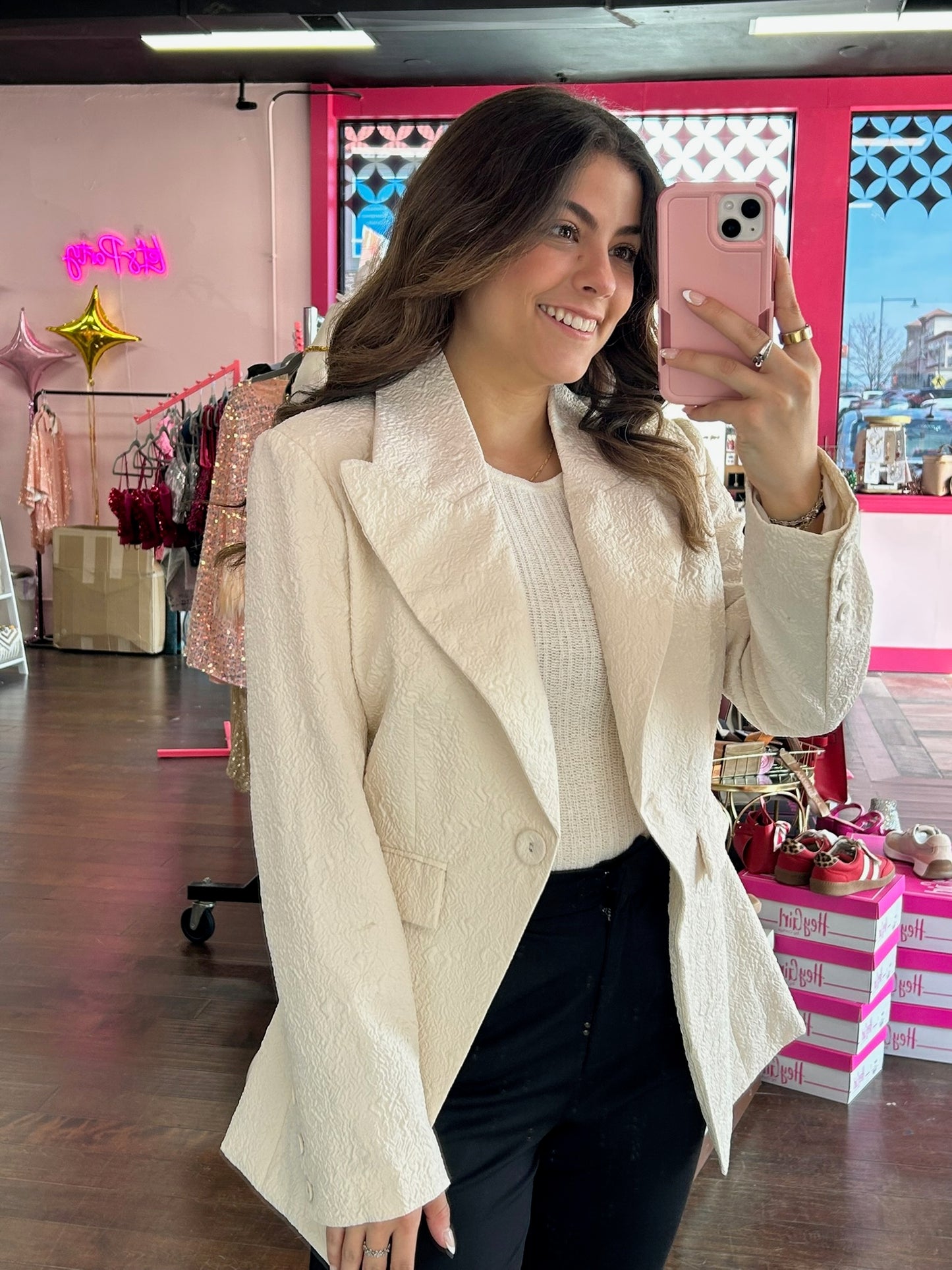 Textured Cinched Waist Blazer Cream