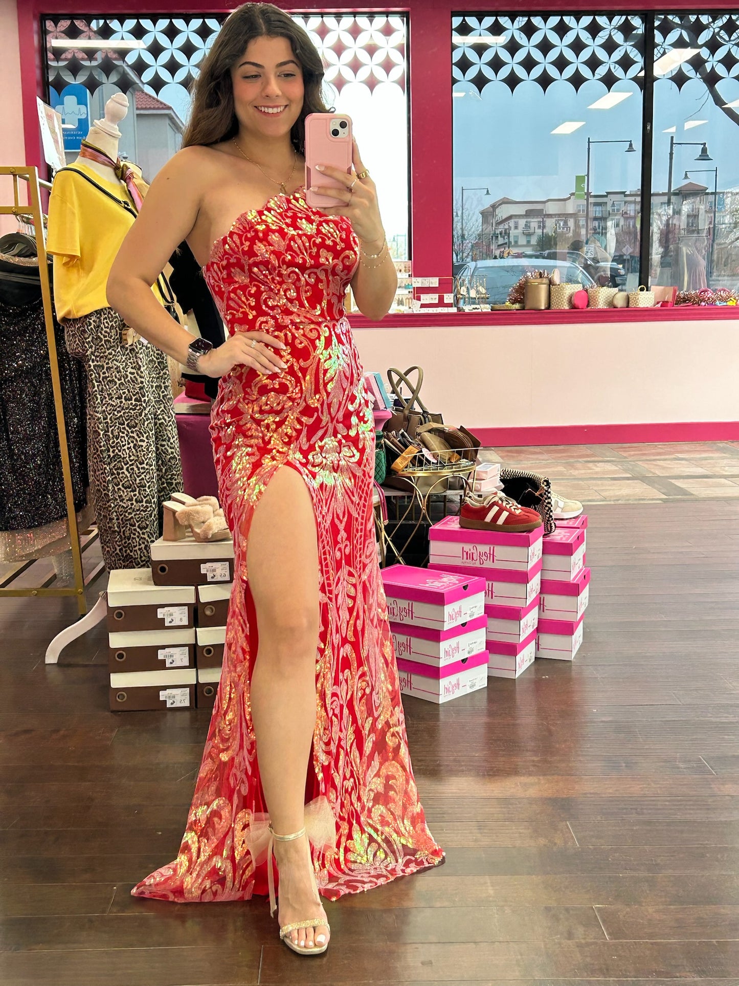 One Shoulder Sequin Maxi Dress Red