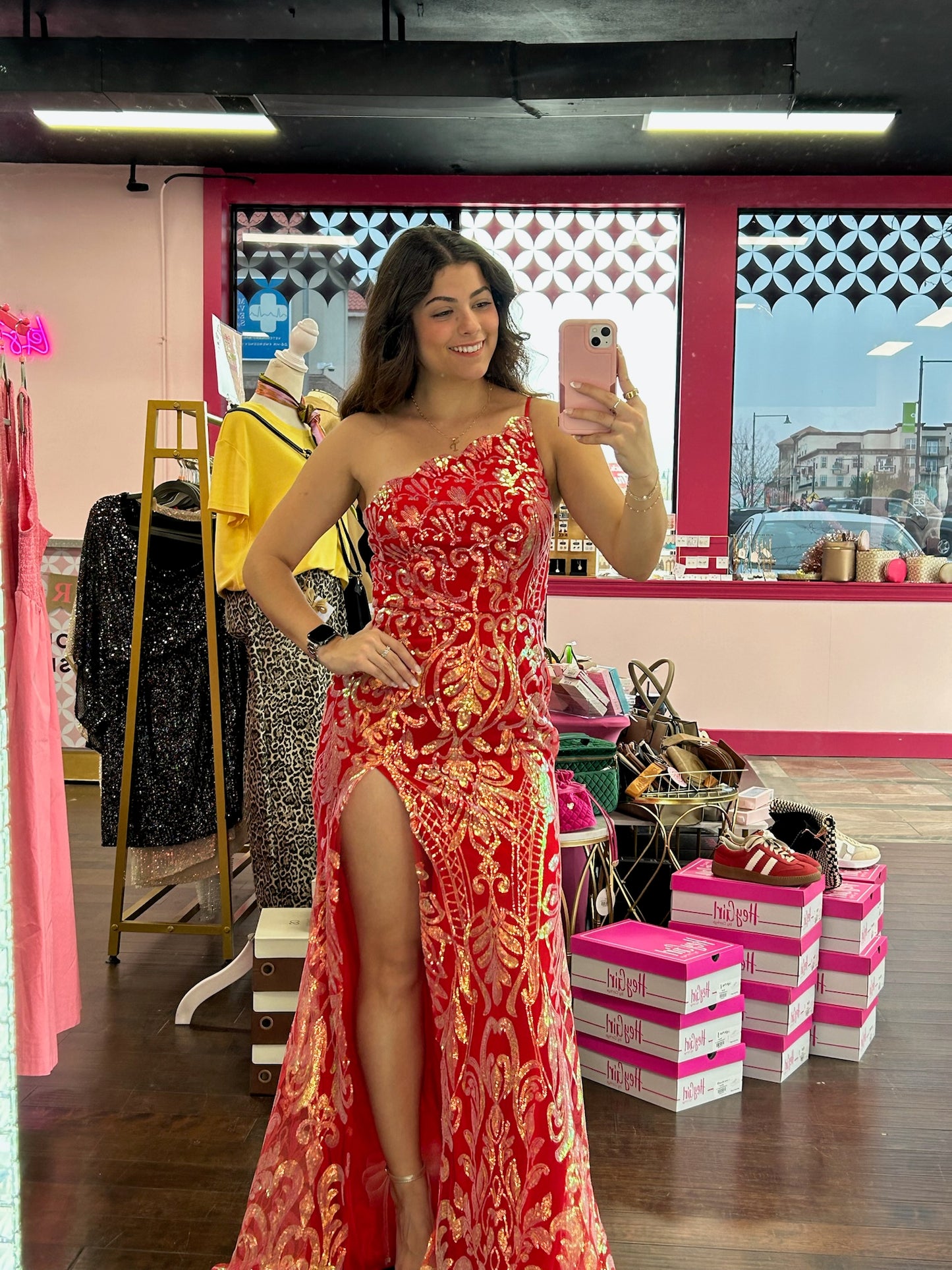 One Shoulder Sequin Maxi Dress Red