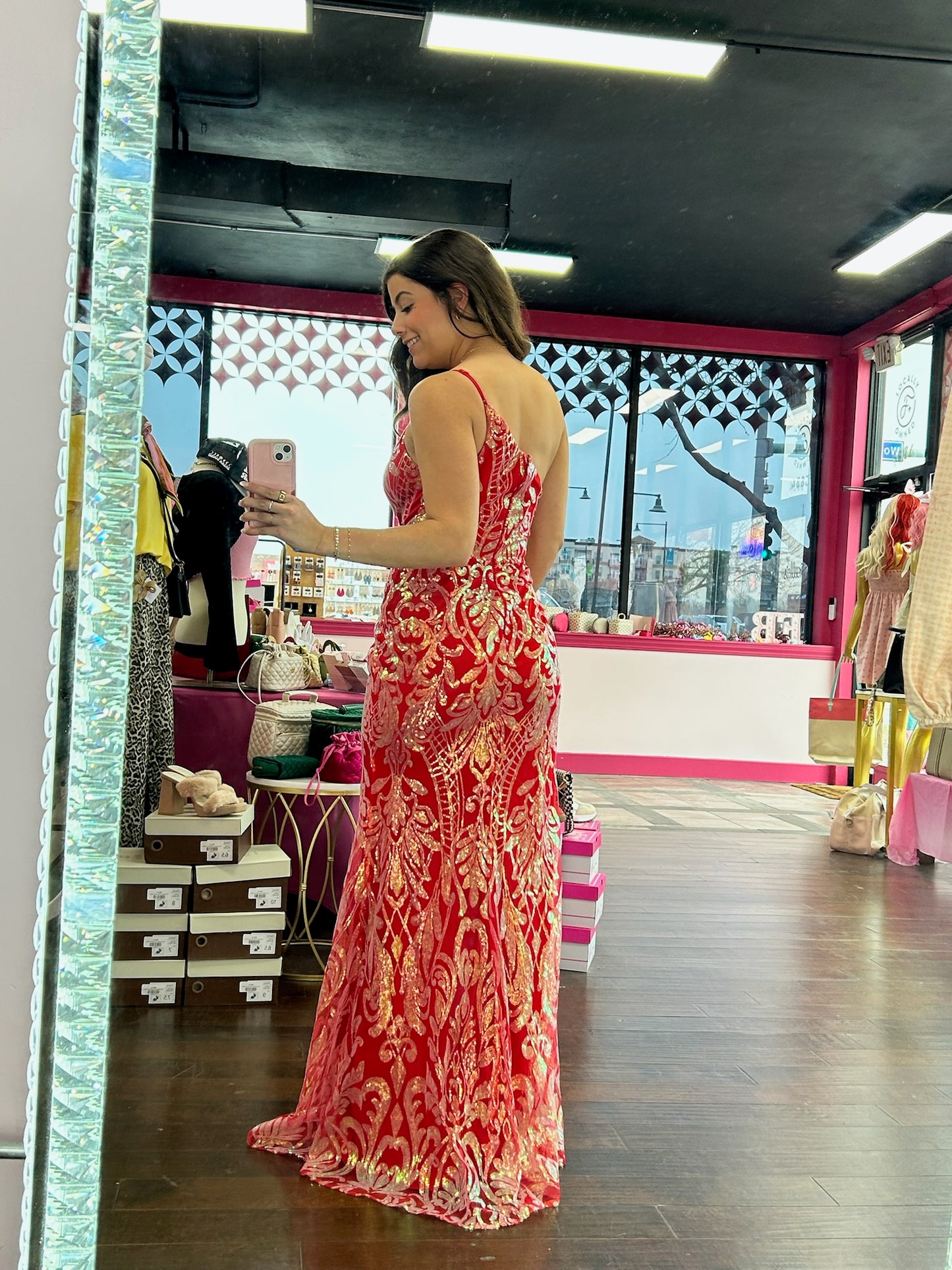 One Shoulder Sequin Maxi Dress Red