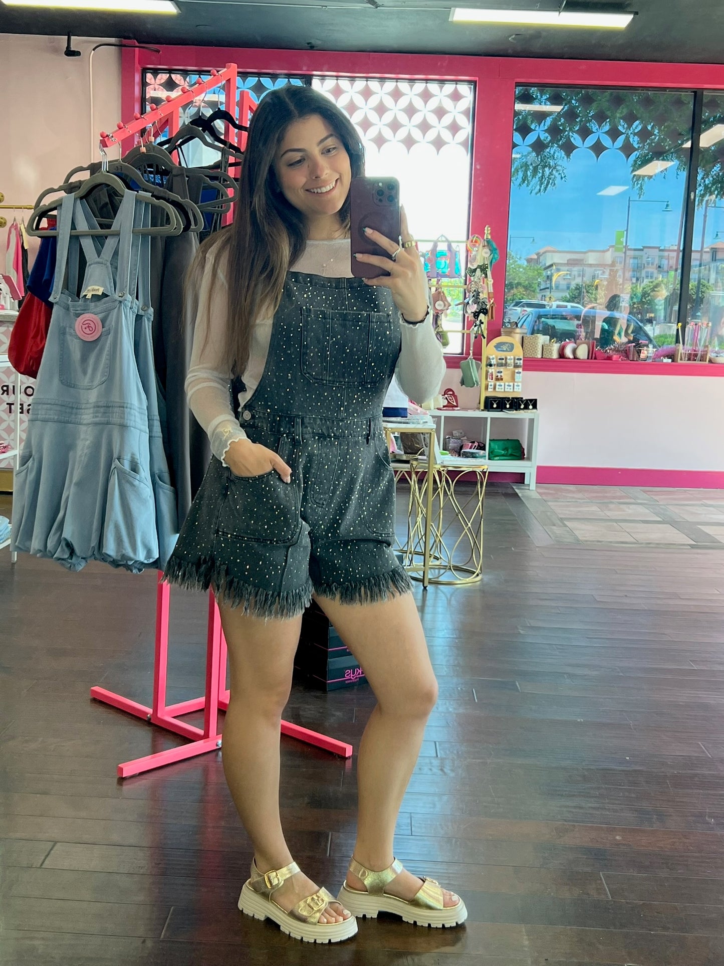 Rhinestone Denim Overalls