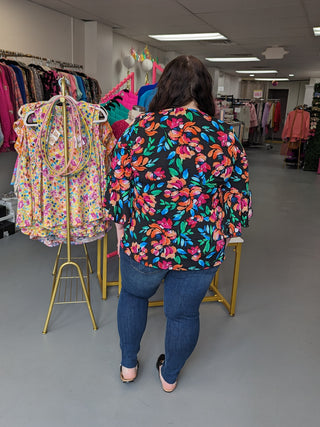 Bell Slv Top Black Floral (S-3X)