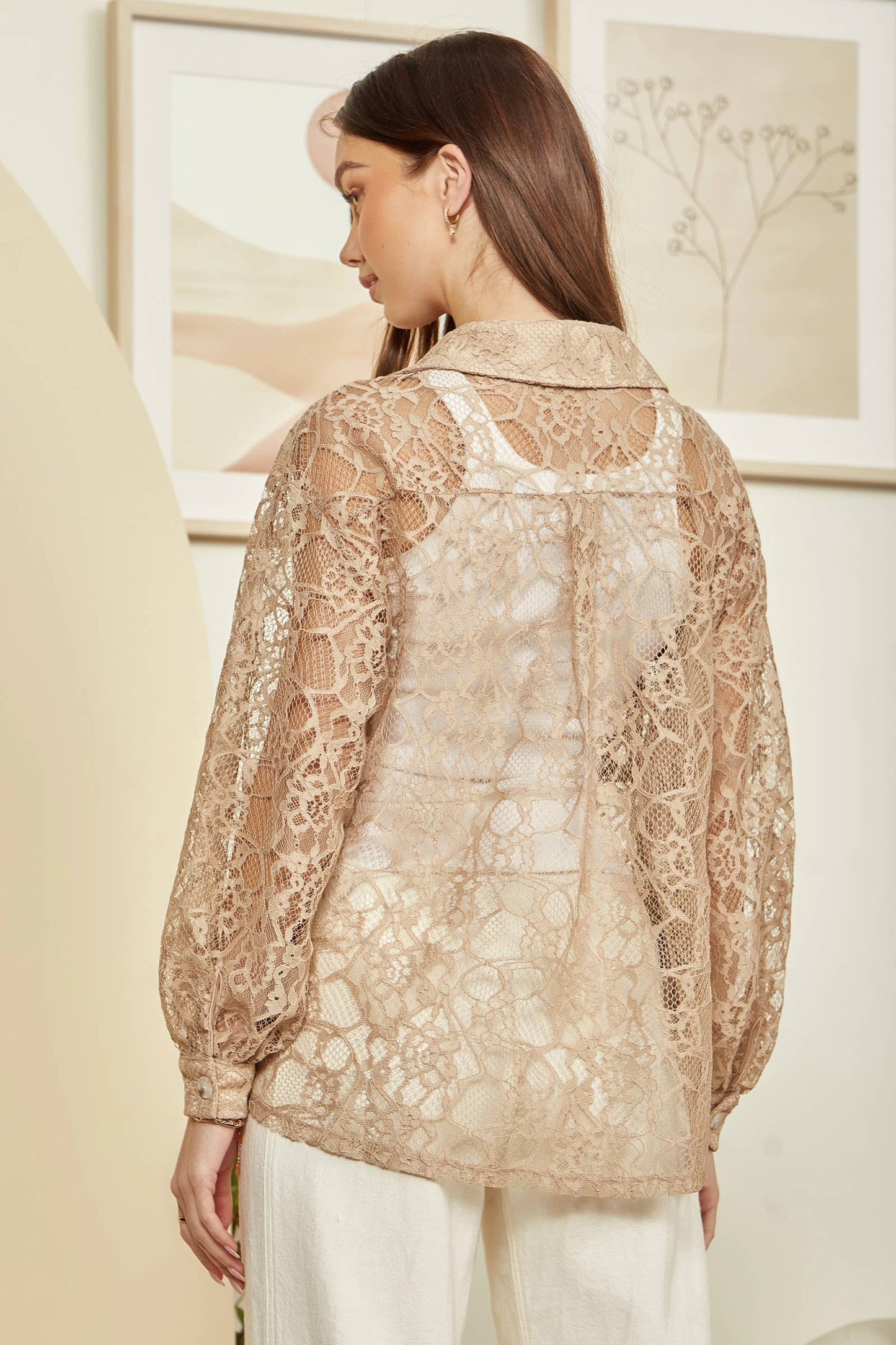Lace Shacket Blouse Taupe