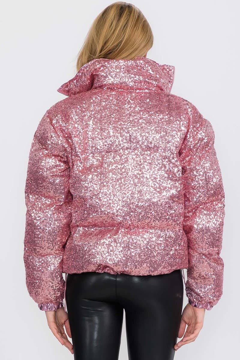 Pink Sequin Puffer Jacket