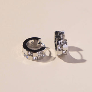 Silver Pavé Checkered Huggies