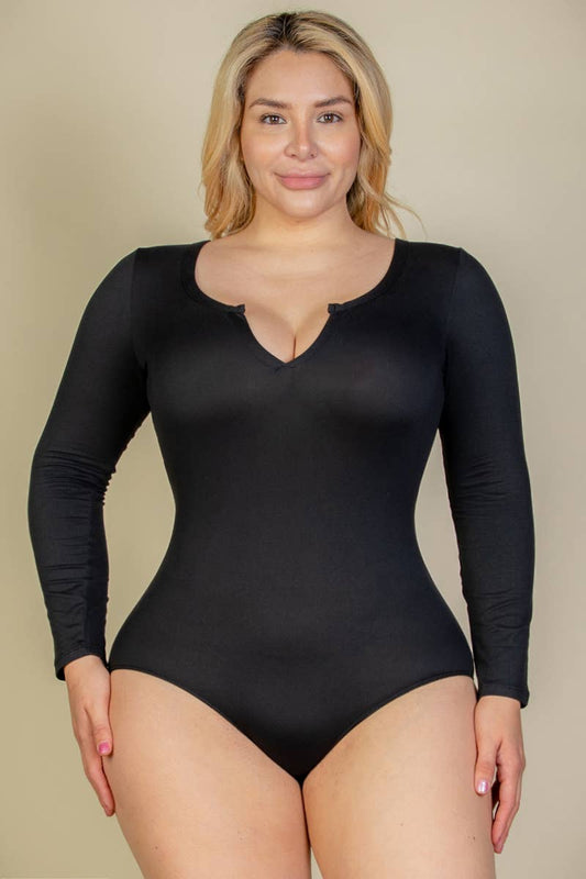 Curvy Split Neck LS Bodysuit Black