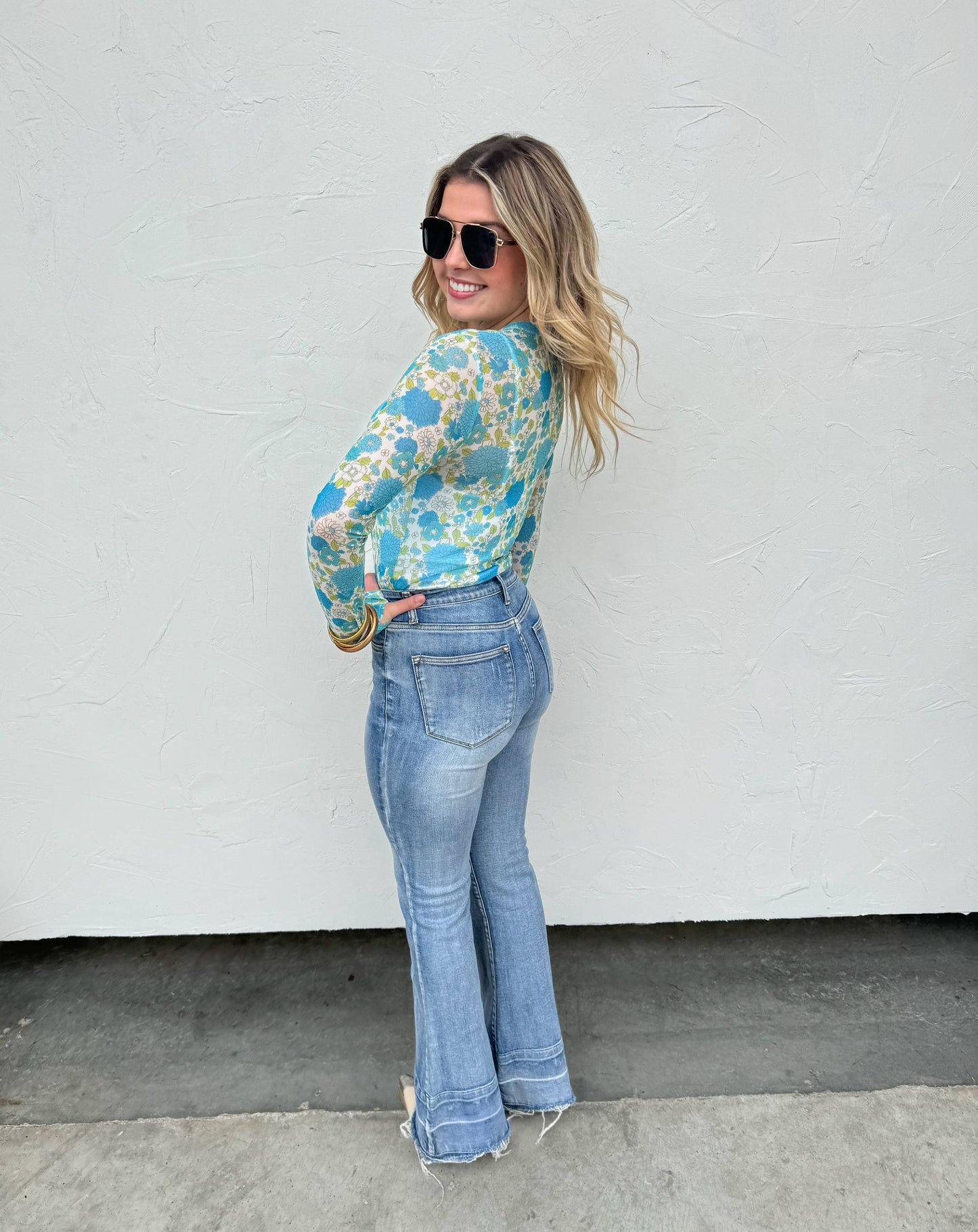 Floral Mesh Top Blue Green