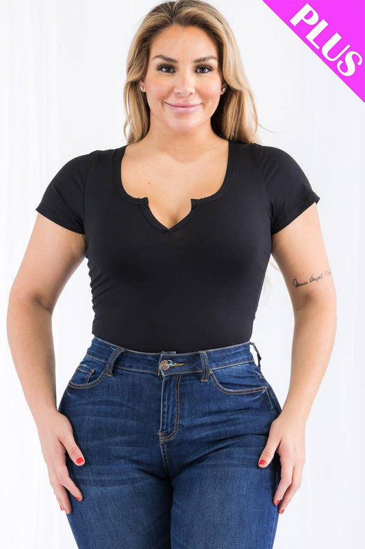 Curvy Split Neck SS Bodysuit Black
