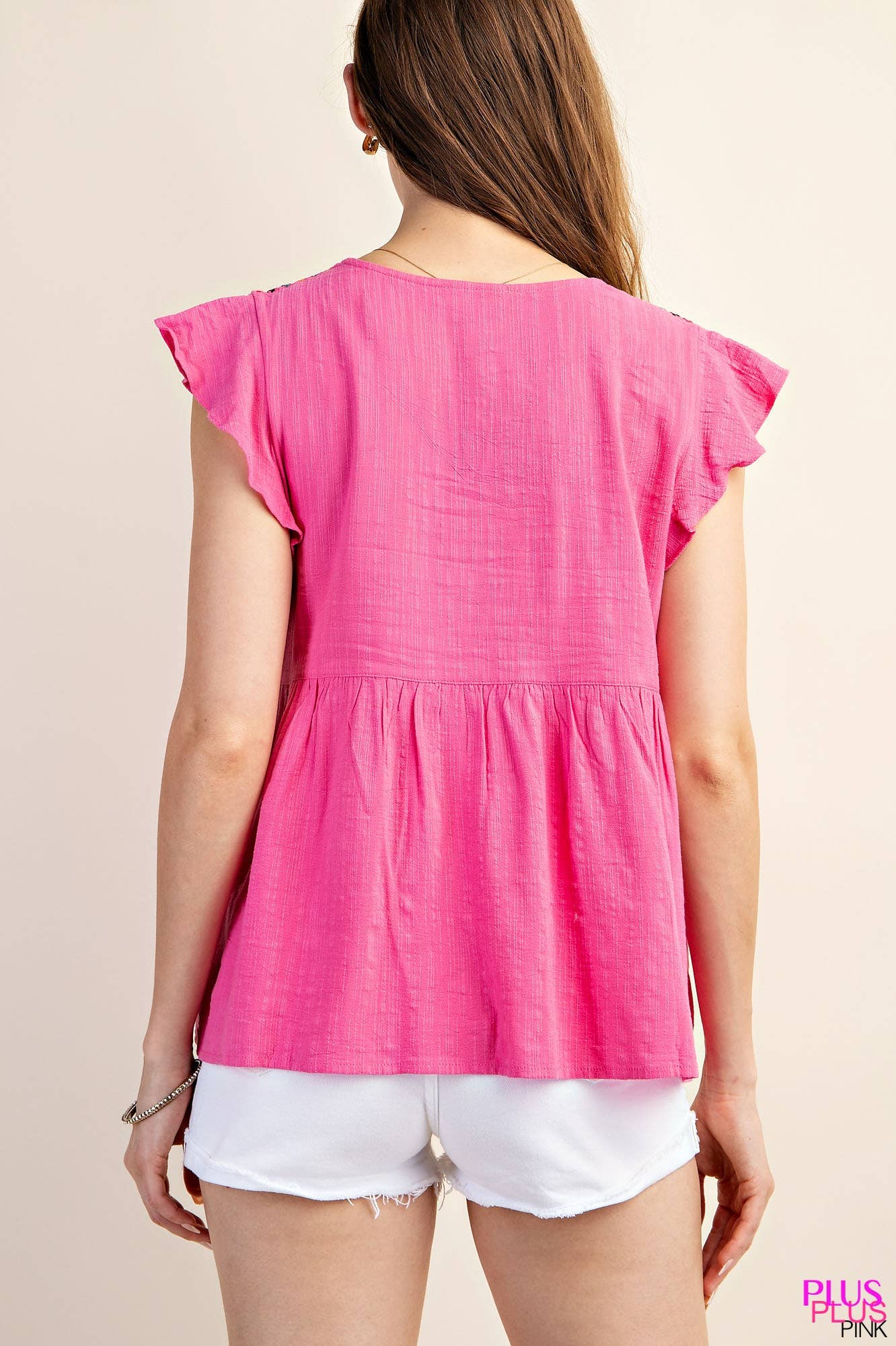 Curvy Embroidered V Neck Top Pink