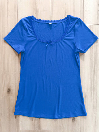 Lace Trim Ribbed Tee Royal