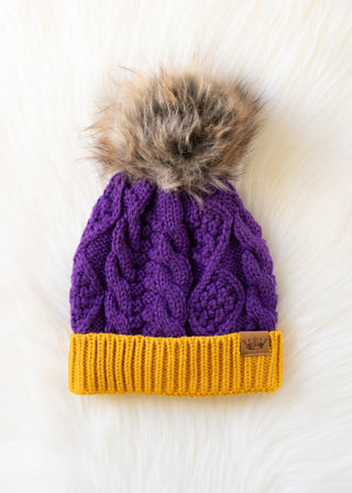Purple & Gold Knit Pom Hat